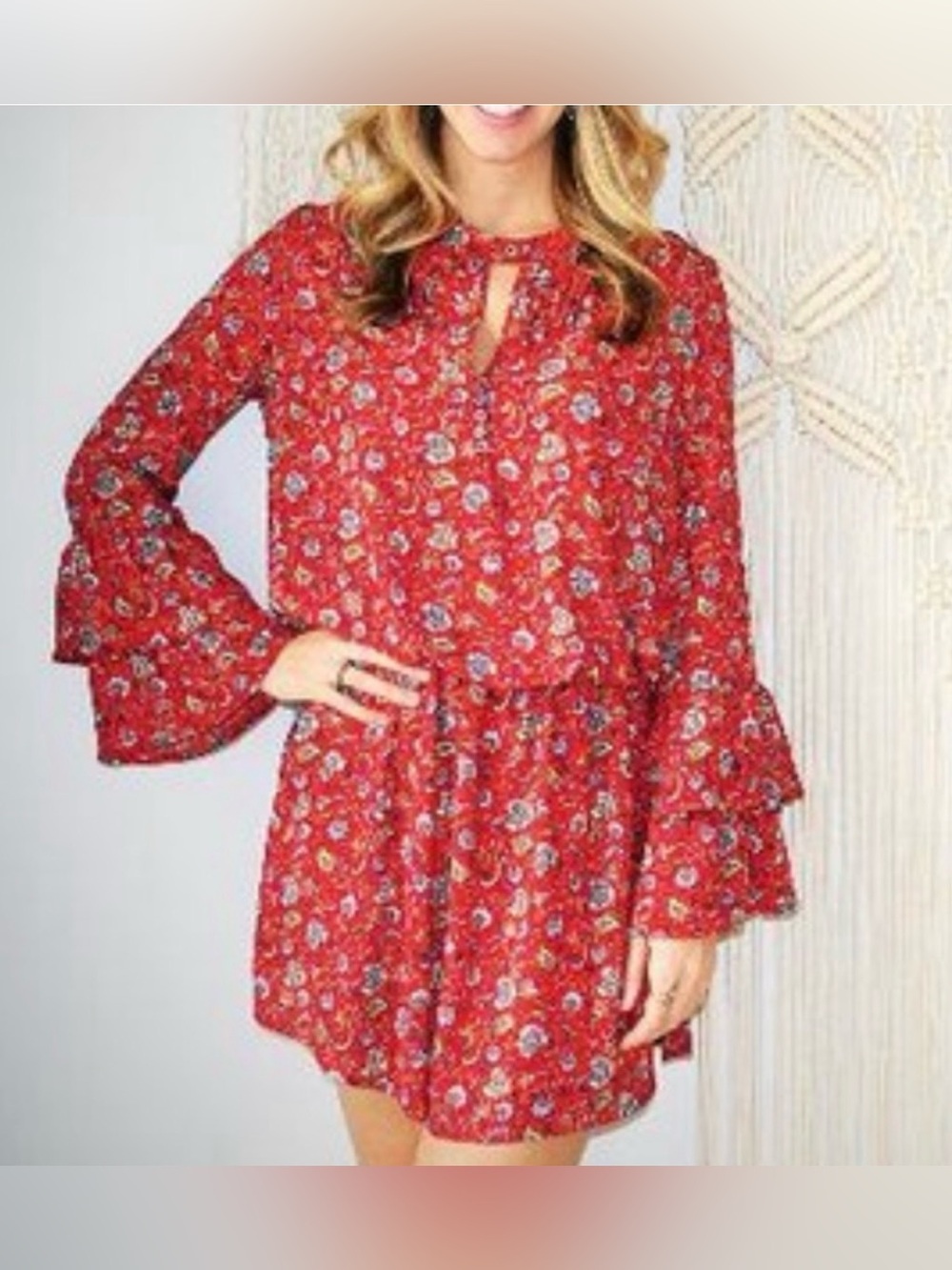 Harlow & Graham Women’s Red Floral Mini Dress, Long Sleeve Tiered Bell Sleeves